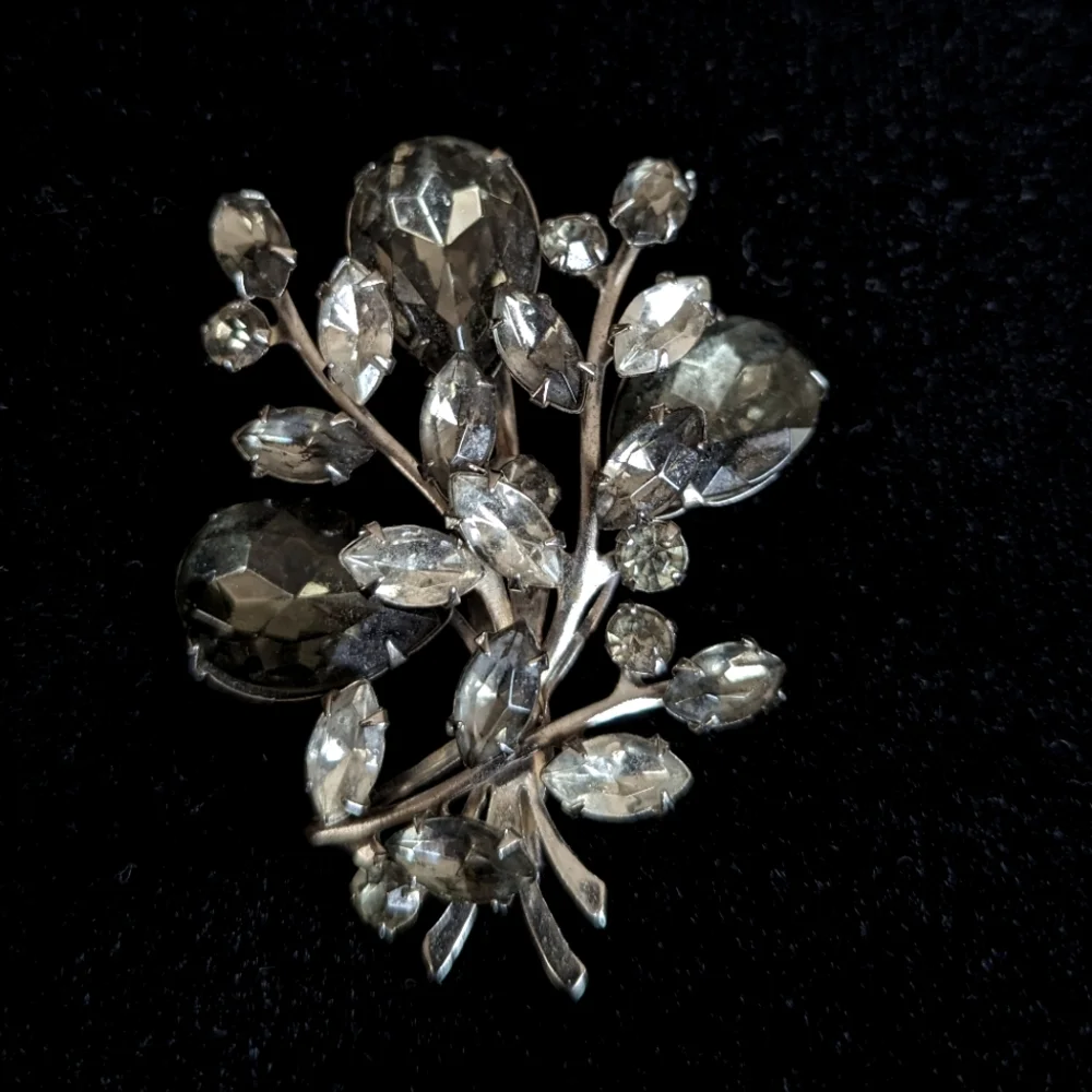 Vintage Brooch, Clear and Smokey Stones in a Silver Toned Flora/Fauna Design - Picture 1 of 6